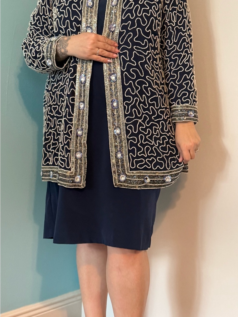 Mother of the bride Navy 2-Piece Dress & Jacket Set Beaded Sequin Formal Size 3X